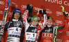 Winner Marcel Hirscher of Austria (M), second placed Felix Neureuther of Germany (L) and third placed Ivica Kostelic of Croatia (R) celebrate their medals won in men slalom race of Audi FIS Alpine skiing World cup in Zagreb, Croatia. Men slalom race of Audi FIS Alpine skiing World cup was held on Sljeme above Zagreb, Croatia, on Thursday, 5th of January 2012.
