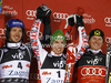 Winner Marcel Hirscher of Austria (M), second placed Felix Neureuther of Germany (L) and third placed Ivica Kostelic of Croatia (R) celebrate their medals won in men slalom race of Audi FIS Alpine skiing World cup in Zagreb, Croatia. Men slalom race of Audi FIS Alpine skiing World cup was held on Sljeme above Zagreb, Croatia, on Thursday, 5th of January 2012.
