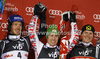 Winner Marcel Hirscher of Austria (M), second placed Felix Neureuther of Germany (L) and third placed Ivica Kostelic of Croatia (R) celebrate their medals won in men slalom race of Audi FIS Alpine skiing World cup in Zagreb, Croatia. Men slalom race of Audi FIS Alpine skiing World cup was held on Sljeme above Zagreb, Croatia, on Thursday, 5th of January 2012.
