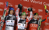 Winner Marcel Hirscher of Austria (M), second placed Felix Neureuther of Germany (L) and third placed Ivica Kostelic of Croatia (R) celebrate their medals won in men slalom race of Audi FIS Alpine skiing World cup in Zagreb, Croatia. Men slalom race of Audi FIS Alpine skiing World cup was held on Sljeme above Zagreb, Croatia, on Thursday, 5th of January 2012.

