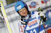 Tanja Poutiainen of Finland reacts in finish of second run of women giant slalom race of Audi FIS Alpine skiing World cup in Kranjska Gora, Slovenia. Traditional Golden fox trophy women giant slalom race of Audi FIS Alpine skiing World cup, which was scheduled to be run in Maribor, Slovenia, was moved to Kranjska Gora, Slovenia, due warm weather and lack of snow in Maribor, and was held in Kranjska Gora, Slovenia, on Saturday, 21st of January 2012.
