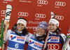 Winner Tessa Worley of France (M), second placed Federica Brignone of Italy (L) and third placed Viktoria Rebensburg of Germany (R) celebrate their medals won in women giant slalom race of Audi FIS Alpine skiing World cup in Kranjska Gora, Slovenia. Traditional Golden fox trophy women giant slalom race of Audi FIS Alpine skiing World cup, which was scheduled to be run in Maribor, Slovenia, was moved to Kranjska Gora, Slovenia, due warm weather and lack of snow in Maribor, and was held in Kranjska Gora, Slovenia, on Saturday, 21st of January 2012.
