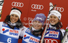 Winner Tessa Worley of France (M), second placed Federica Brignone of Italy (L) and third placed Viktoria Rebensburg of Germany (R) celebrate their medals won in women giant slalom race of Audi FIS Alpine skiing World cup in Kranjska Gora, Slovenia. Traditional Golden fox trophy women giant slalom race of Audi FIS Alpine skiing World cup, which was scheduled to be run in Maribor, Slovenia, was moved to Kranjska Gora, Slovenia, due warm weather and lack of snow in Maribor, and was held in Kranjska Gora, Slovenia, on Saturday, 21st of January 2012.
