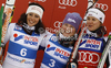 Winner Tessa Worley of France (M), second placed Federica Brignone of Italy (L) and third placed Viktoria Rebensburg of Germany (R) celebrate their medals won in women giant slalom race of Audi FIS Alpine skiing World cup in Kranjska Gora, Slovenia. Traditional Golden fox trophy women giant slalom race of Audi FIS Alpine skiing World cup, which was scheduled to be run in Maribor, Slovenia, was moved to Kranjska Gora, Slovenia, due warm weather and lack of snow in Maribor, and was held in Kranjska Gora, Slovenia, on Saturday, 21st of January 2012.

