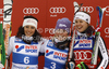 Winner Tessa Worley of France (M), second placed Federica Brignone of Italy (L) and third placed Viktoria Rebensburg of Germany (R) celebrate their medals won in women giant slalom race of Audi FIS Alpine skiing World cup in Kranjska Gora, Slovenia. Traditional Golden fox trophy women giant slalom race of Audi FIS Alpine skiing World cup, which was scheduled to be run in Maribor, Slovenia, was moved to Kranjska Gora, Slovenia, due warm weather and lack of snow in Maribor, and was held in Kranjska Gora, Slovenia, on Saturday, 21st of January 2012.
