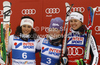 Winner Tessa Worley of France (M), second placed Federica Brignone of Italy (L) and third placed Viktoria Rebensburg of Germany (R) celebrate their medals won in women giant slalom race of Audi FIS Alpine skiing World cup in Kranjska Gora, Slovenia. Traditional Golden fox trophy women giant slalom race of Audi FIS Alpine skiing World cup, which was scheduled to be run in Maribor, Slovenia, was moved to Kranjska Gora, Slovenia, due warm weather and lack of snow in Maribor, and was held in Kranjska Gora, Slovenia, on Saturday, 21st of January 2012.
