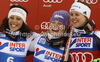 Winner Tessa Worley of France (M), second placed Federica Brignone of Italy (L) and third placed Viktoria Rebensburg of Germany (R) celebrate their medals won in women giant slalom race of Audi FIS Alpine skiing World cup in Kranjska Gora, Slovenia. Traditional Golden fox trophy women giant slalom race of Audi FIS Alpine skiing World cup, which was scheduled to be run in Maribor, Slovenia, was moved to Kranjska Gora, Slovenia, due warm weather and lack of snow in Maribor, and was held in Kranjska Gora, Slovenia, on Saturday, 21st of January 2012.
