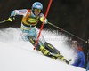Tanja Poutiainen of Finland skiing in first run of women slalom race of Audi FIS Alpine skiing World cup in Kranjska Gora, Slovenia. Traditional Golden fox trophy women slalom race of Audi FIS Alpine skiing World cup, which was scheduled to be run in Maribor, Slovenia, was moved to Kranjska Gora, Slovenia, due warm weather and lack of snow in Maribor, and was held in Kranjska Gora, Slovenia, on Sunday, 22nd of January 2012.
