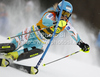 Tanja Poutiainen of Finland skiing in first run of women slalom race of Audi FIS Alpine skiing World cup in Kranjska Gora, Slovenia. Traditional Golden fox trophy women slalom race of Audi FIS Alpine skiing World cup, which was scheduled to be run in Maribor, Slovenia, was moved to Kranjska Gora, Slovenia, due warm weather and lack of snow in Maribor, and was held in Kranjska Gora, Slovenia, on Sunday, 22nd of January 2012.
