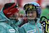 Tanja Poutiainen of Finland (R) with her coach, Luca Moretti (L) before start of first run of women slalom race of Audi FIS Alpine skiing World cup in Kranjska Gora, Slovenia. Traditional Golden fox trophy women slalom race of Audi FIS Alpine skiing World cup, which was scheduled to be run in Maribor, Slovenia, was moved to Kranjska Gora, Slovenia, due warm weather and lack of snow in Maribor, and was held in Kranjska Gora, Slovenia, on Sunday, 22nd of January 2012.
