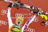 Winner Michaela Kirchgasser of Austria celebrates her medal won in women slalom race of Audi FIS Alpine skiing World cup in Kranjska Gora, Slovenia. Traditional Golden fox trophy women slalom race of Audi FIS Alpine skiing World cup, which was scheduled to be run in Maribor, Slovenia, was moved to Kranjska Gora, Slovenia, due warm weather and lack of snow in Maribor, and was held in Kranjska Gora, Slovenia, on Sunday, 22nd of January 2012.
