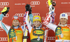 Winner Michaela Kirchgasser of Austria (M), second placed Tanja Poutiainen of Finland (L) and third placed Veronika Zuzulova of Slovakia (R) celebrate their medals won in women slalom race of Audi FIS Alpine skiing World cup in Kranjska Gora, Slovenia. Traditional Golden fox trophy women slalom race of Audi FIS Alpine skiing World cup, which was scheduled to be run in Maribor, Slovenia, was moved to Kranjska Gora, Slovenia, due warm weather and lack of snow in Maribor, and was held in Kranjska Gora, Slovenia, on Sunday, 22nd of January 2012.
