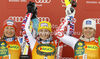 Winner Michaela Kirchgasser of Austria (M), second placed Tanja Poutiainen of Finland (L) and third placed Veronika Zuzulova of Slovakia (R) celebrate their medals won in women slalom race of Audi FIS Alpine skiing World cup in Kranjska Gora, Slovenia. Traditional Golden fox trophy women slalom race of Audi FIS Alpine skiing World cup, which was scheduled to be run in Maribor, Slovenia, was moved to Kranjska Gora, Slovenia, due warm weather and lack of snow in Maribor, and was held in Kranjska Gora, Slovenia, on Sunday, 22nd of January 2012.
