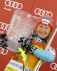 Golden Fox trophy overall winner Tanja Poutiainen of Finland celebrates her medal won in women slalom race of Audi FIS Alpine skiing World cup in Kranjska Gora, Slovenia. Traditional Golden fox trophy women slalom race of Audi FIS Alpine skiing World cup, which was scheduled to be run in Maribor, Slovenia, was moved to Kranjska Gora, Slovenia, due warm weather and lack of snow in Maribor, and was held in Kranjska Gora, Slovenia, on Sunday, 22nd of January 2012.
