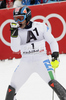 Cristian Deville of Italy reacts in the finish of the second run of the Men Slalom race of Audi FIS alpine skiing World Cup in Kitzbuhel, Austria. Men Slalom race of Men Audi FIS Alpine skiing World Cup 2011 / 2012, was held on Sunday, 22nd of Januar 2012, on Ganslernhang course in Kitzbuhel, Austria.
