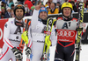 Winner Cristian Deville of Italy (middle), second placed Mario Matt of Austria (left) and third placed Ivica Kostelic of Croatia (right) celebrate in the finish of the second run of the Men Slalom race of Audi FIS alpine skiing World Cup in Kitzbuhel, Austria. Men Slalom race of Men Audi FIS Alpine skiing World Cup 2011 / 2012, was held on Sunday, 22nd of Januar 2012, on Ganslernhang course in Kitzbuhel, Austria.
