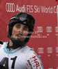 Andreas Romar of Finland reacts in the finish of the second run of the Men Slalom race of Audi FIS alpine skiing World Cup in Kitzbuhel, Austria. Men Slalom race of Men Audi FIS Alpine skiing World Cup 2011 / 2012, was held on Sunday, 22nd of Januar 2012, on Ganslernhang course in Kitzbuhel, Austria.
