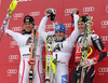 Winner Cristian Deville of Italy (middle), second placed Mario Matt of Austria and third placed Ivica Kostelic of Croatia (right) celebrate their medals won in the Men Slalom race of Audi FIS alpine skiing World Cup in Kitzbuhel, Austria. Men Slalom race of Men Audi FIS Alpine skiing World Cup 2011 / 2012, was held on Sunday, 22nd of Januar 2012, on Ganslernhang course in Kitzbuhel, Austria.
