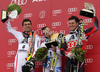 Winner Cristian Deville of Italy (middle), second placed Mario Matt of Austria and third placed Ivica Kostelic of Croatia (right) celebrate their medals won in the Men Slalom race of Audi FIS alpine skiing World Cup in Kitzbuhel, Austria. Men Slalom race of Men Audi FIS Alpine skiing World Cup 2011 / 2012, was held on Sunday, 22nd of Januar 2012, on Ganslernhang course in Kitzbuhel, Austria.
