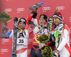 Winner Ivica Kostelic of Croatia (middle), second placed Beat Feuz of Switzerland (left) and third placed Silvan Zurbriggen of Switzerland (right) celebrate their medals won in the Men Combination race of Audi FIS alpine skiing World Cup in Kitzbuhel, Austria. Men Combination race of Men Audi FIS Alpine skiing World Cup 2011 / 2012, was held on Sunday, 22nd of Januar 2012, on Ganslernhang course in Kitzbuhel, Austria.
