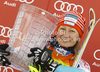 Golden Fox trophy overall winner Tanja Poutiainen of Finland celebrates her medal won in women slalom race of Audi FIS Alpine skiing World cup in Kranjska Gora, Slovenia. Traditional Golden fox trophy women slalom race of Audi FIS Alpine skiing World cup, which was scheduled to be run in Maribor, Slovenia, was moved to Kranjska Gora, Slovenia, due warm weather and lack of snow in Maribor, and was held in Kranjska Gora, Slovenia, on Sunday, 22nd of January 2012.
