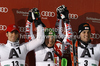 Winner Marcel Hirscher of Austria (M), second placed Stefano Gross of Italy (L) and third placed Mario Matt of Austria (R) celebrate their medals won in men slalom race of Audi FIS Alpine skiing World cup in Schladming, Austria. Traditional The Nightrace, men slalom race of Audi FIS Alpine skiing World cup, was held in Schladming, Austria, on Tuesday, 24th of January 2012.
