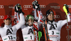 Winner Marcel Hirscher of Austria (M), second placed Stefano Gross of Italy (L) and third placed Mario Matt of Austria (R) celebrate their medals won in men slalom race of Audi FIS Alpine skiing World cup in Schladming, Austria. Traditional The Nightrace, men slalom race of Audi FIS Alpine skiing World cup, was held in Schladming, Austria, on Tuesday, 24th of January 2012.
