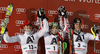 Winner Marcel Hirscher of Austria (M), second placed Stefano Gross of Italy (L) and third placed Mario Matt of Austria (R) celebrate their medals won in men slalom race of Audi FIS Alpine skiing World cup in Schladming, Austria. Traditional The Nightrace, men slalom race of Audi FIS Alpine skiing World cup, was held in Schladming, Austria, on Tuesday, 24th of January 2012.
