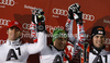 Winner Marcel Hirscher of Austria (M), second placed Stefano Gross of Italy (L) and third placed Mario Matt of Austria (R) celebrate their medals won in men slalom race of Audi FIS Alpine skiing World cup in Schladming, Austria. Traditional The Nightrace, men slalom race of Audi FIS Alpine skiing World cup, was held in Schladming, Austria, on Tuesday, 24th of January 2012.
