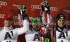 Winner Marcel Hirscher of Austria (M), second placed Stefano Gross of Italy (L) and third placed Mario Matt of Austria (R) celebrate their medals won in men slalom race of Audi FIS Alpine skiing World cup in Schladming, Austria. Traditional The Nightrace, men slalom race of Audi FIS Alpine skiing World cup, was held in Schladming, Austria, on Tuesday, 24th of January 2012.
