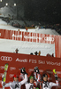 Winner Marcel Hirscher of Austria (M), second placed Stefano Gross of Italy (L) and third placed Mario Matt of Austria (R) celebrate their medals won in men slalom race of Audi FIS Alpine skiing World cup in Schladming, Austria. Traditional The Nightrace, men slalom race of Audi FIS Alpine skiing World cup, was held in Schladming, Austria, on Tuesday, 24th of January 2012.
