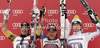 Winner Didier Cuche of Switzerland (M), second placed Erik Guay of Canada (L) and third placed Hannes Reichelt of Austria (R) celebrate their medals won in men downhill race of Audi FIS Alpine skiing World cup in Garmisch-Partenkirchen, Germany. Men downhill race of Audi FIS Alpine skiing World cup, was held in Garmisch-Partenkirchen, Germany, on Saturday, 28th of January 2012.
