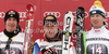 Winner Didier Cuche of Switzerland (M), second placed Erik Guay of Canada (L) and third placed Hannes Reichelt of Austria (R) celebrate their medals won in men downhill race of Audi FIS Alpine skiing World cup in Garmisch-Partenkirchen, Germany. Men downhill race of Audi FIS Alpine skiing World cup, was held in Garmisch-Partenkirchen, Germany, on Saturday, 28th of January 2012.
