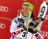 Third placed Elisabeth Goergl of Austria celebrates her medal won in women giant slalom race of Audi FIS Alpine skiing World cup in Ofterschwang, Germany. Women giant slalom race of Audi FIS Alpine skiing World cup, which replaced canceled race of Soldeau, Andora, was held in Ofterschwang, Germany, on Friday, 2nd of March 2012.
