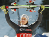 Winner Viktoria Rebensburg of Germany celebrates her medal won in women giant slalom race of Audi FIS Alpine skiing World cup in Ofterschwang, Germany. Women giant slalom race of Audi FIS Alpine skiing World cup, which replaced canceled race of Soldeau, Andora, was held in Ofterschwang, Germany, on Friday, 2nd of March 2012.
