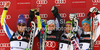 Winner Viktoria Rebensburg of Germany (M), second placed Tina Maze of Slovenia (L) and third placed Elisabeth Goergl of Austria (2nd from R) and Irene Curtoni of Italy (R) celebrate their medals won in women giant slalom race of Audi FIS Alpine skiing World cup in Ofterschwang, Germany. Women giant slalom race of Audi FIS Alpine skiing World cup, which replaced canceled race of Soldeau, Andora, was held in Ofterschwang, Germany, on Friday, 2nd of March 2012.
