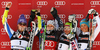 Winner Viktoria Rebensburg of Germany (M), second placed Tina Maze of Slovenia (L) and third placed Elisabeth Goergl of Austria (2nd from R) and Irene Curtoni of Italy (R) celebrate their medals won in women giant slalom race of Audi FIS Alpine skiing World cup in Ofterschwang, Germany. Women giant slalom race of Audi FIS Alpine skiing World cup, which replaced canceled race of Soldeau, Andora, was held in Ofterschwang, Germany, on Friday, 2nd of March 2012.
