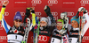 Winner Viktoria Rebensburg of Germany (M), second placed Tina Maze of Slovenia (L) and third placed Elisabeth Goergl of Austria (2nd from R) and Irene Curtoni of Italy (R) celebrate their medals won in women giant slalom race of Audi FIS Alpine skiing World cup in Ofterschwang, Germany. Women giant slalom race of Audi FIS Alpine skiing World cup, which replaced canceled race of Soldeau, Andora, was held in Ofterschwang, Germany, on Friday, 2nd of March 2012.
