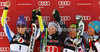 Winner Viktoria Rebensburg of Germany (M), second placed Tina Maze of Slovenia (L) and third placed Elisabeth Goergl of Austria (2nd from R) and Irene Curtoni of Italy (R) celebrate their medals won in women giant slalom race of Audi FIS Alpine skiing World cup in Ofterschwang, Germany. Women giant slalom race of Audi FIS Alpine skiing World cup, which replaced canceled race of Soldeau, Andora, was held in Ofterschwang, Germany, on Friday, 2nd of March 2012.
