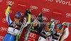 Winner Viktoria Rebensburg of Germany (M), second placed Tina Maze of Slovenia (L) and third placed Elisabeth Goergl of Austria (2nd from R) and Irene Curtoni of Italy (R) celebrate their medals won in women giant slalom race of Audi FIS Alpine skiing World cup in Ofterschwang, Germany. Women giant slalom race of Audi FIS Alpine skiing World cup, which replaced canceled race of Soldeau, Andora, was held in Ofterschwang, Germany, on Friday, 2nd of March 2012.
