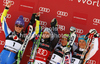 Winner Viktoria Rebensburg of Germany (M), second placed Tina Maze of Slovenia (L) and third placed Elisabeth Goergl of Austria (2nd from R) and Irene Curtoni of Italy (R) celebrate their medals won in women giant slalom race of Audi FIS Alpine skiing World cup in Ofterschwang, Germany. Women giant slalom race of Audi FIS Alpine skiing World cup, which replaced canceled race of Soldeau, Andora, was held in Ofterschwang, Germany, on Friday, 2nd of March 2012.
