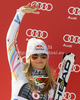 Second placed Lindsey Vonn of USA celebrates her medal won in women giant slalom race of Audi FIS Alpine skiing World cup in Ofterschwang, Germany. Women giant slalom race of Audi FIS Alpine skiing World cup was held in Ofterschwang, Germany, on Saturday, 3rd of March 2012.
