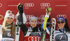 Winner Viktoria Rebensburg of Germany (M), second placed Lindsey Vonn of USA (L) and third placed Tina Maze of Slovenia (R) celebrate their medals won in women giant slalom race of Audi FIS Alpine skiing World cup in Ofterschwang, Germany. Women giant slalom race of Audi FIS Alpine skiing World cup was held in Ofterschwang, Germany, on Saturday, 3rd of March 2012.
