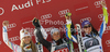 Winner Viktoria Rebensburg of Germany (M), second placed Lindsey Vonn of USA (L) and third placed Tina Maze of Slovenia (R) celebrate their medals won in women giant slalom race of Audi FIS Alpine skiing World cup in Ofterschwang, Germany. Women giant slalom race of Audi FIS Alpine skiing World cup was held in Ofterschwang, Germany, on Saturday, 3rd of March 2012.
