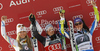 Winner Viktoria Rebensburg of Germany (M), second placed Lindsey Vonn of USA (L) and third placed Tina Maze of Slovenia (R) celebrate their medals won in women giant slalom race of Audi FIS Alpine skiing World cup in Ofterschwang, Germany. Women giant slalom race of Audi FIS Alpine skiing World cup was held in Ofterschwang, Germany, on Saturday, 3rd of March 2012.
