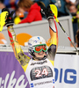 Winner Erin Mielzynski of Canada reacts in finish of second run of women slalom race of Audi FIS Alpine skiing World cup in Ofterschwang, Germany. Women slalom race of Audi FIS Alpine skiing World cup was held in Ofterschwang, Germany, on Sunday, 4th of March 2012.
