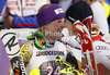 Winner Erin Mielzynski of Canada (L) and third placed Marlies Schild of Austria (R) in finish of second run of women slalom race of Audi FIS Alpine skiing World cup in Ofterschwang, Germany. Women slalom race of Audi FIS Alpine skiing World cup was held in Ofterschwang, Germany, on Sunday, 4th of March 2012.
