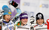 Winner Erin Mielzynski of Canada (M), second placed Resi Stiegler of USA (L) and third placed Marlies Schild of Austria (R) celebrate their medals won in women slalom race of Audi FIS Alpine skiing World cup in Ofterschwang, Germany. Women slalom race of Audi FIS Alpine skiing World cup was held in Ofterschwang, Germany, on Sunday, 4th of March 2012.
