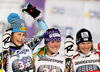 Winner Erin Mielzynski of Canada (M), second placed Resi Stiegler of USA (L) and third placed Marlies Schild of Austria (R) celebrate their medals won in women slalom race of Audi FIS Alpine skiing World cup in Ofterschwang, Germany. Women slalom race of Audi FIS Alpine skiing World cup was held in Ofterschwang, Germany, on Sunday, 4th of March 2012.
