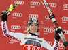 Third placed Marlies Schild of Austria celebrates her medal won in women slalom race of Audi FIS Alpine skiing World cup in Ofterschwang, Germany. Women slalom race of Audi FIS Alpine skiing World cup was held in Ofterschwang, Germany, on Sunday, 4th of March 2012.
